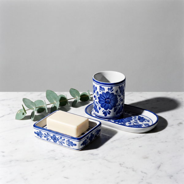 Cobalt blue pottery soap dish, tumbler and tray on marble counter