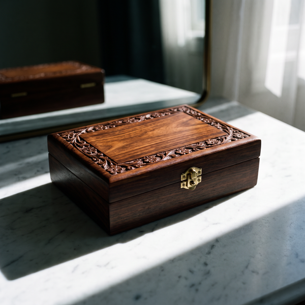 Carved sheesham jewelry box, closed, on a dressing table