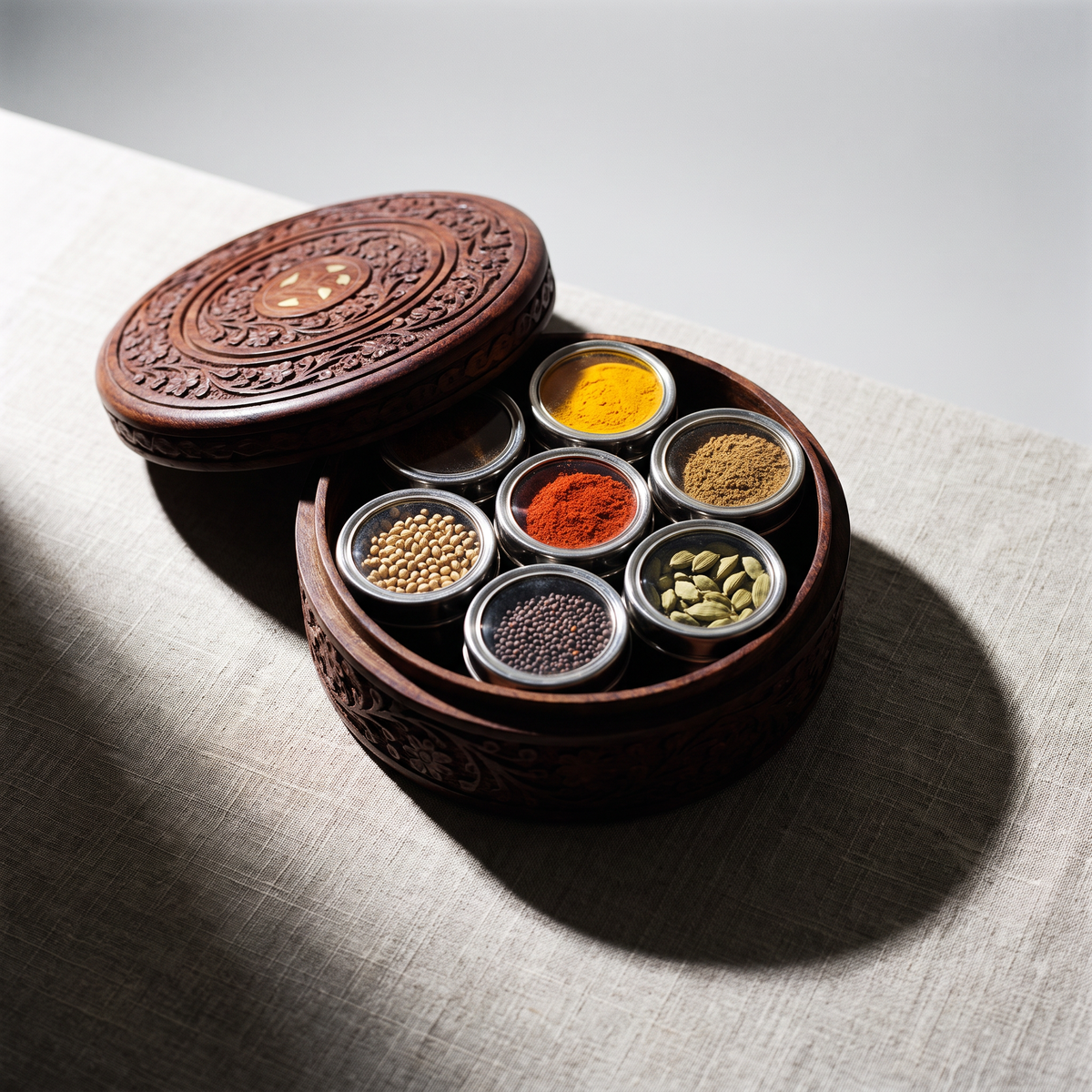 Open masala dabba showing seven airtight steel jars filled with spices