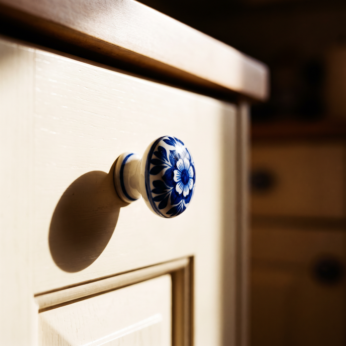 Blue pottery knob mounted on a cream cabinet drawer