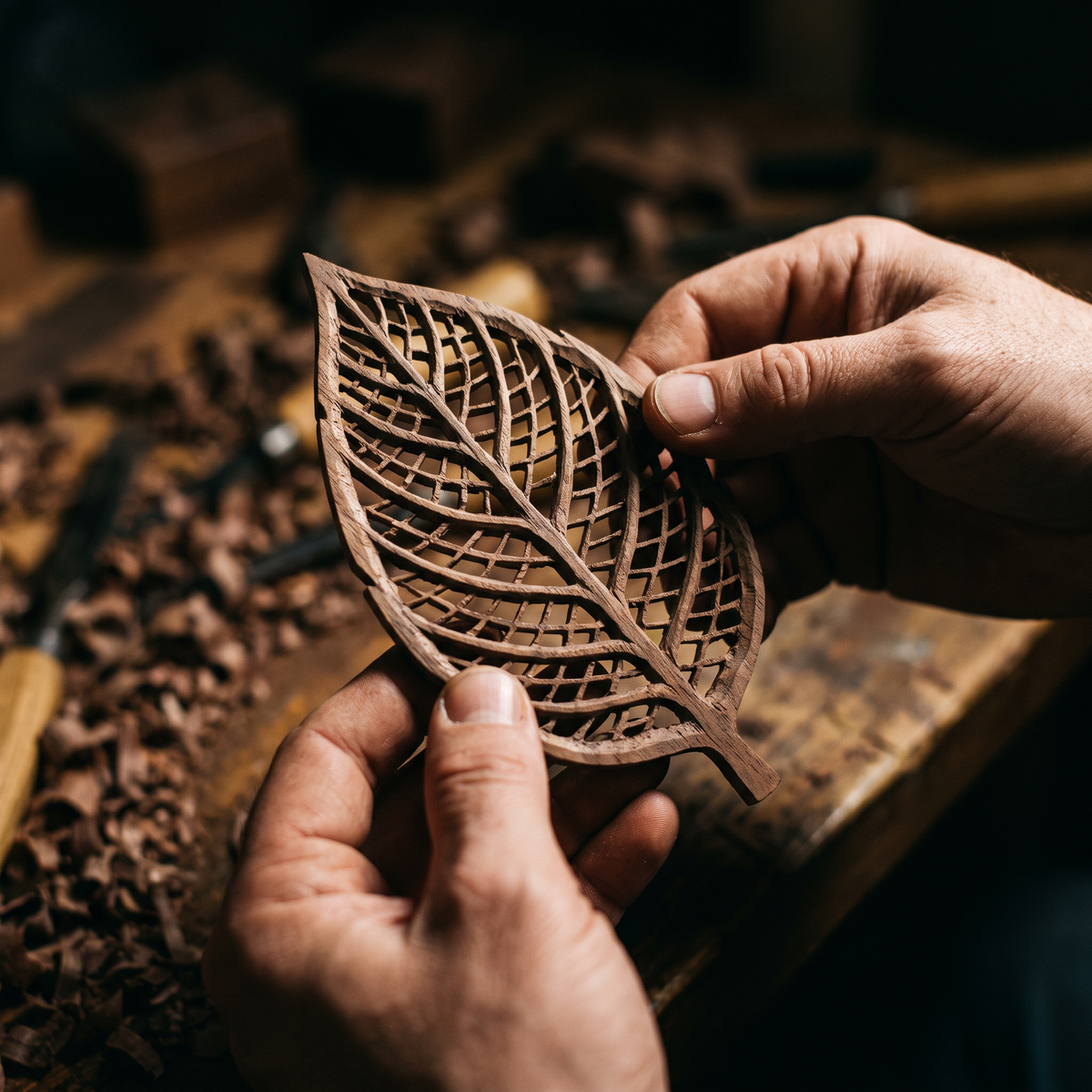 Close-up of lattice carving detail on wooden leaf
