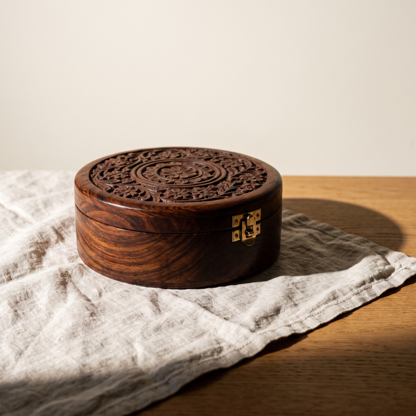Carved sheesham masala dabba, closed, brass latch, on linen