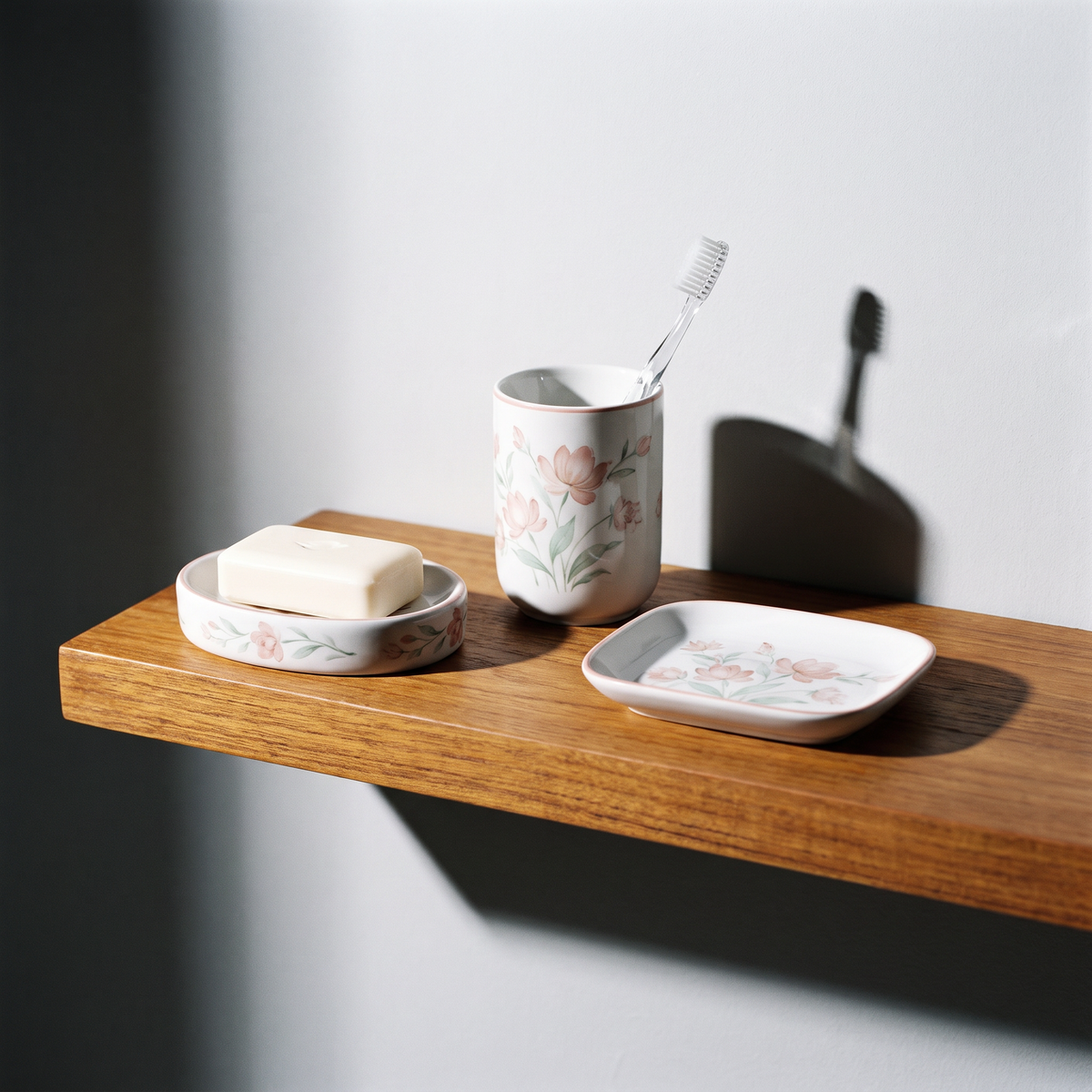 Blush palette blue pottery bath set on wooden shelf