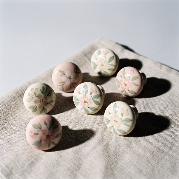 Six pastel ceramic knobs in blush, sage and cream on linen