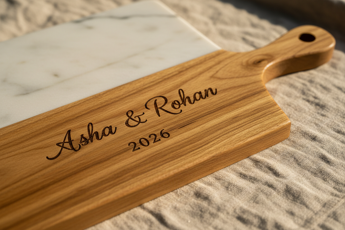 Close-up of names and a date engraved on the mango wood half of the marble serving board