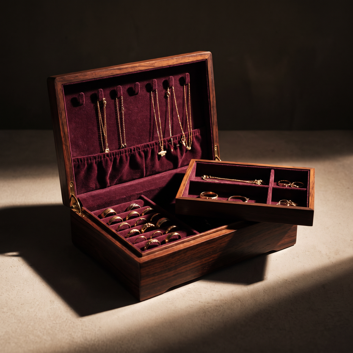 Open jewelry box showing burgundy velvet interior with rings and necklaces